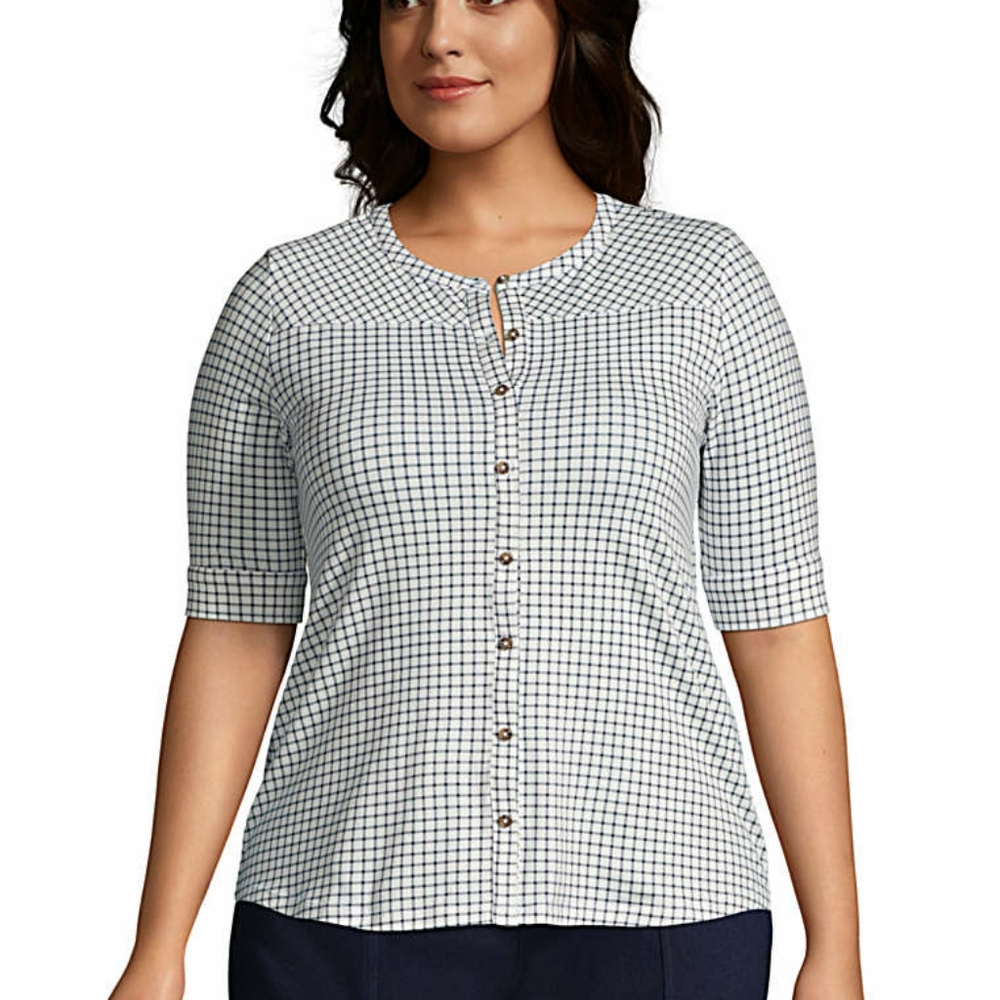 NWOT Lands' End Ivory Check Elbow Sleeve Button Front Top